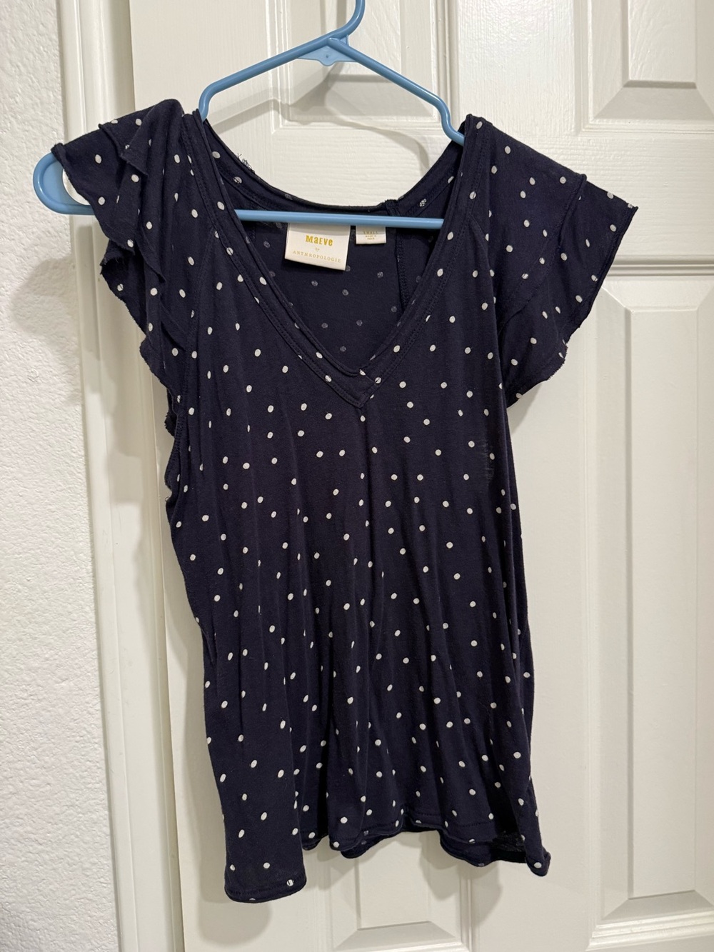 Maeve Navy and White Polka Dot V-Neck Tee